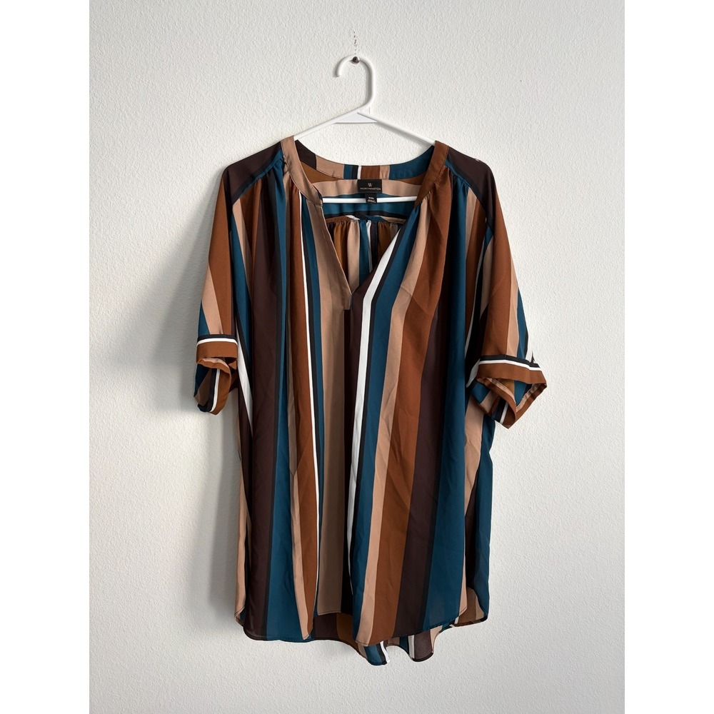 Worthington Tunic Blouse Womens 2XL Brown Vertical Striped Short Sleeve V-Neck